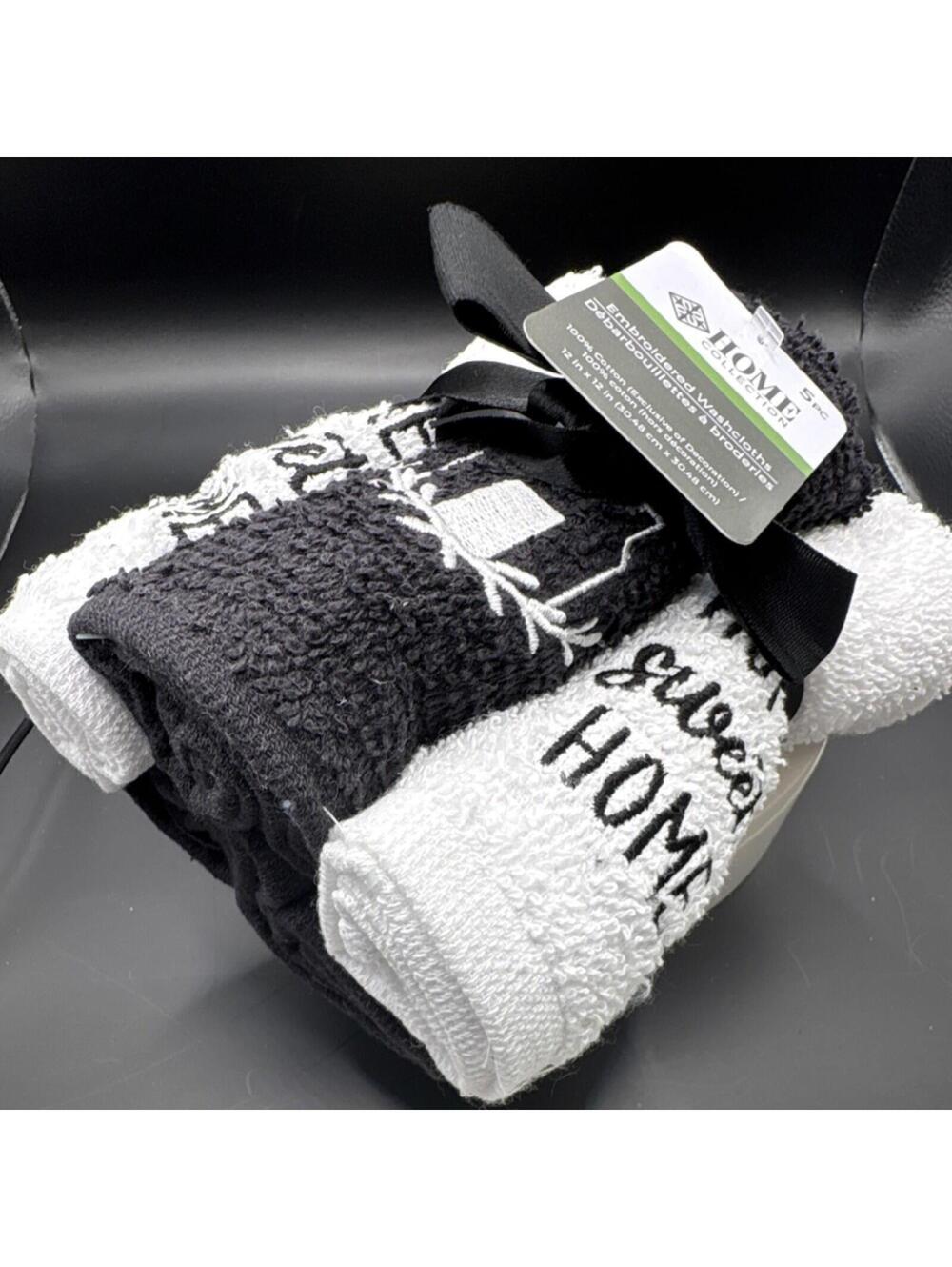 EMBROIDERED 100% Cotton Washcloths Black White 12x12in set of 5